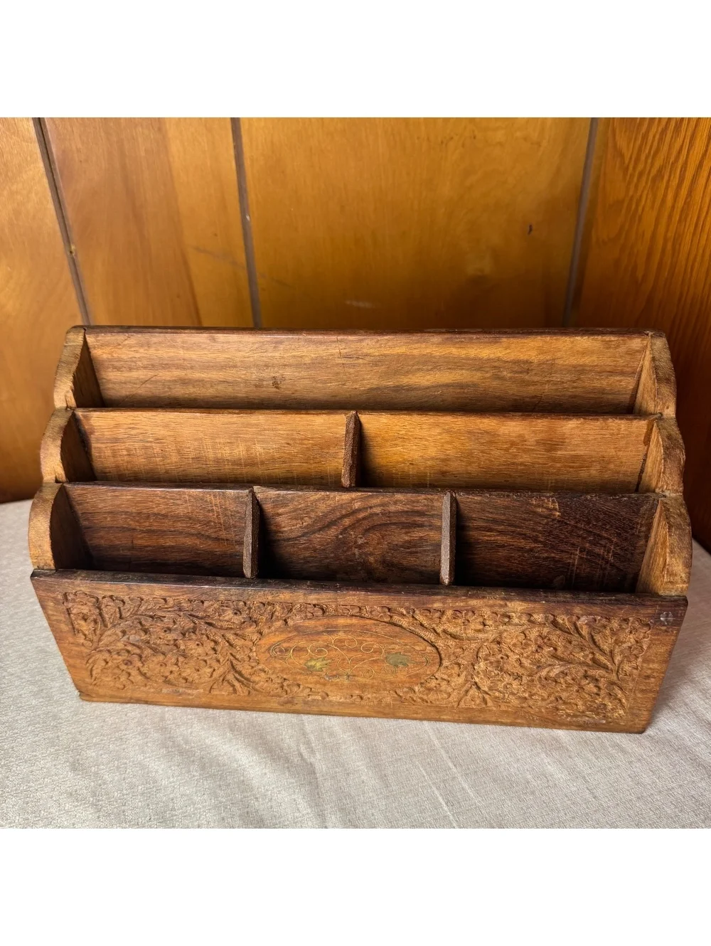 Vintage Hand Carved Wooden Desk Organizer Letter Holder Mail Sorter Boho